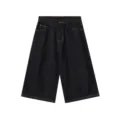 Men's dark denim wide-leg cropped pants, American retro casual loose jeans shorts. - XS / Raw Denim Black