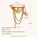 Broche épingle de sûreté ange en acier inoxydable doré avec perle et chaînes. - Gland Perle Croix Ange (BR15026) / Or