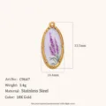 Stainless steel 18K gold plated lavender oval pendant jewelry accessory, 33.5x14.4mm. - Lavender Floral (C9647) / Gold