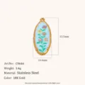 Stainless steel 18K gold plated oval floral pendant charm DIY jewelry accessory fashion styling. - Blue Background Flower Cluster (C9646) / Gold