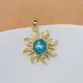 Exquisite sun opal pendant jewelry detail, shining blue opal stone with sparkling cubic zirconia. - Blue Artificial Opal Sun Pendant / Blue Style