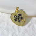 Gold-plated micro-paved zirconia heart pendant with black flower charm for DIY necklace jewelry making. - Black Enamel Heart Camellia (10) / 0.7