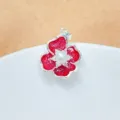 Elegante rote Emaille Blume Anhänger Halskette mit Perle und Zirkonia für Damen. - Silber Rot Lasur Blume Stil (16)