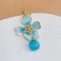 Copper zircon oil drop rhinestone flower pendant DIY jewelry making necklace accessory charm - Blue Flower with Bead (YE1162-1171)