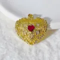 Copper plated gold hollow heart pendant with red stone and cubic zirconia for DIY making. - Red Heart Hollow Engraved (11)