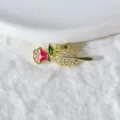 Vergoldeter Zirkon Rosenblüten Anhänger DIY Charm Halskette Armband Schmuckzubehör - Rosa Grünes Lackierte Rose (0221)