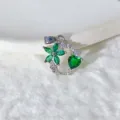 Chic ciondolo fiore verde e cuore in zircone, elegante gioiello in ottone color argento. - Stile Fiore Cuore Smeraldo (15)