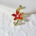 Detail shot of copper red enamel flower pendant with sparkly zircon leaves and pearl center. - Red Five-Petal Flower (2)