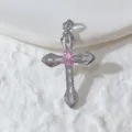 Silver Cross Pendant Pink Zircon Gothic Necklace DIY Jewelry Accessory Charm Gift Chic - Silver Cross Pink Oval Rhinestone Style (8)