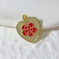 Gold plated heart pendant featuring a red enamel flower and sparkling cubic zirconia stones. - Red Enamel Heart Camellia (9)