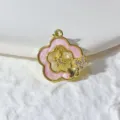 Gold-plated copper pink enamel flower pendant with sparkling zircon butterflies for DIY necklace. - Pink Enamel Flower With Butterfly (12)