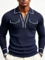Ανδρικό πλεκτό πόλο με ριγέ ρέλι slim fit μακρυμάνικο με κουμπιά και τσέπες στο στήθος - M / Tops / Ναυτικό μπλε