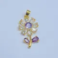 Vergoldeter Blumen Anhänger mit weißen und lila Zirkonia Steinen für DIY Schmuck - Goldene Basis Lila Blatt Blume Strass Stil (07)