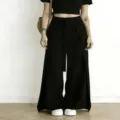 Women high waist wide leg pants casual black tie belt trousers elegant commuter long pants - XL / Bottoms / Black
