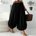 Black loose drawstring lantern pants for women, comfortable summer harem trousers casual. - S / Bottoms / Black