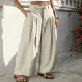 High waist pleated wide leg trousers for women, casual drape floor length pants, chic. - XL / Bottoms / Off White