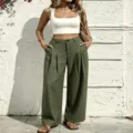 High-waisted pleated wide-leg trousers, loose drape casual pants for women detail view. - XL / Bottoms / Army Green