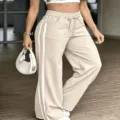 Plus size casual wide leg sweatpants for women with elastic drawstring waist and side stripes. - 1XL / Bottoms / Apricot