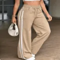 Plus size casual wide leg sweatpants with white side stripes and elastic drawstring waist. - 1XL / Bottoms / Khaki