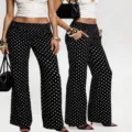 Black and white polka dot low waist flared pants casual retro vintage trousers for women. - S / Bottoms / Black