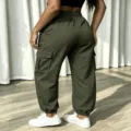 Casual solid color cargo pants with multiple pockets and high waist design for women detail view - S / Bottoms / Army Green