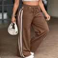Women casual sweatpants high waist wide leg brown trousers with white side stripes comfy activewear - Coffee