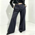 Detailed shot of women's black high waist wide leg trousers, elegant drape and casual style. - S / Bottoms / Gray