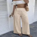 Pantaloni lunghi larghi a vita alta da donna, pantaloni casual con lacci per vacanze estive. - Taglia S / Pantaloni e gonne / Bianco avorio