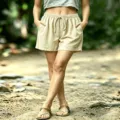 Casual waffle knit elastic waist summer shorts for women beach casual wear detail view - S / Bottoms / Off White