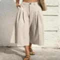 High-waisted wide leg cropped pants for women, lightweight summer casual loose trousers. - S / Off White
