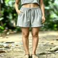Detail of women summer casual waffle shorts with elastic drawstring waist and cozy fit. - S / Bottoms / Light Gray