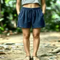 Women summer casual waffle shorts elastic drawstring wide leg beach lounge daily wear pants - Navy Blue