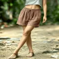 Casual brown waffle knit shorts detail, comfortable loose fit with drawstring elastic waist. - Caramel color