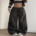 Y2K leopard print wide leg sweatpants casual streetwear women trousers loose fit active pants - S / Bottoms / Gray