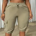 Khaki cargo capri pants detail view, casual streetwear elastic waist with drawstring design - S / Bottoms / Khaki