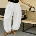 Casual white lantern pants for women, elastic waist loose harem trousers, summer thin daily wear. - XS / Bottoms / White