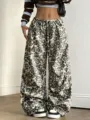 American street style leopard print loose wide leg sweatpants with drawstring elastic waist. - S / Bottoms / Gray