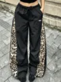 Women's streetwear wide leg sweatpants with leopard side panels and elastic drawstring waist. - S / Bottoms / Black