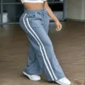 Women casual wide leg sweatpants with side white stripes elastic drawstring waist trousers - XS / Bottoms / Aqua