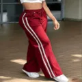 Red side stripe wide leg sweatpants for women with elastic waist and comfortable drawstring fit. - XS / Bottoms / Burgundy