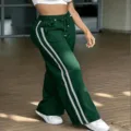Pantaloni larghi donna verdi con righe laterali vita elastica casual comodi - Verde Scuro