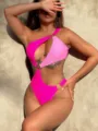 Sexy one-piece swimsuit for women featuring colorblock design, one shoulder and metal rings. - S / Rose Red