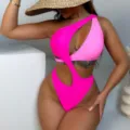 Sexy color block one-piece swimsuit with cutout design for women summer beach vacation wear. - S / Dresses / Rose Red