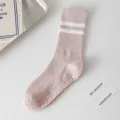 Women anti-slip pilates grip socks mid-calf cotton sports socks with dual stripes pink - One Size - Yoga Socks / Pink