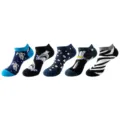 5-pack patterned cotton ankle socks featuring fun astronaut, shark, and zebra print designs. - One Size / Space & Animals Set