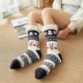 Christmas fleece lined fuzzy socks for women thick cozy non slip winter home sleeping socks - One Size / Navy Heart Deer