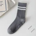Grey ribbed non-slip yoga socks, comfortable mid-tube cotton pilates socks with grip dots. - One Size - Yoga Socks / Gray