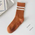 Brown Cotton Non-Slip Yoga Socks with White Stripes, Comfortable Pilates Crew Socks - One Size - Yoga Socks / Orange