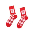 Red checkered mid-tube socks featuring auspicious Chinese character Year festival gift socks - One Size / Peanut Trio