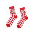 Red and white checkered lucky cat mid-calf socks designed for New Year festive wear. - One Size / Fortune Cat
